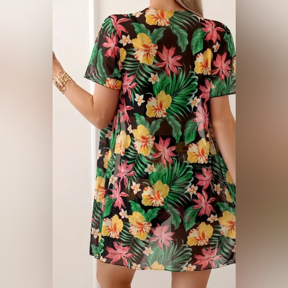 🌼💜NEW Tropical Floral Print Stretchy Black 3 Piece Swimsuit, Spaghetti Straps - Picture 6 of 8